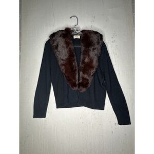 Vintage 1960s Turbo‎ Interlock Mink Collar Black Orlon Crop Sweater Cardigan